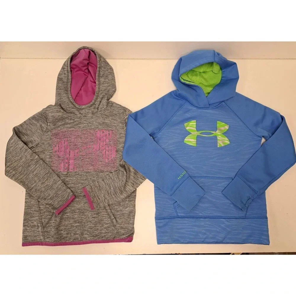 Lot of 2 Under Armour Hoodie Sweatshirt Loose Cold Gear Blue Grey Youth Medium